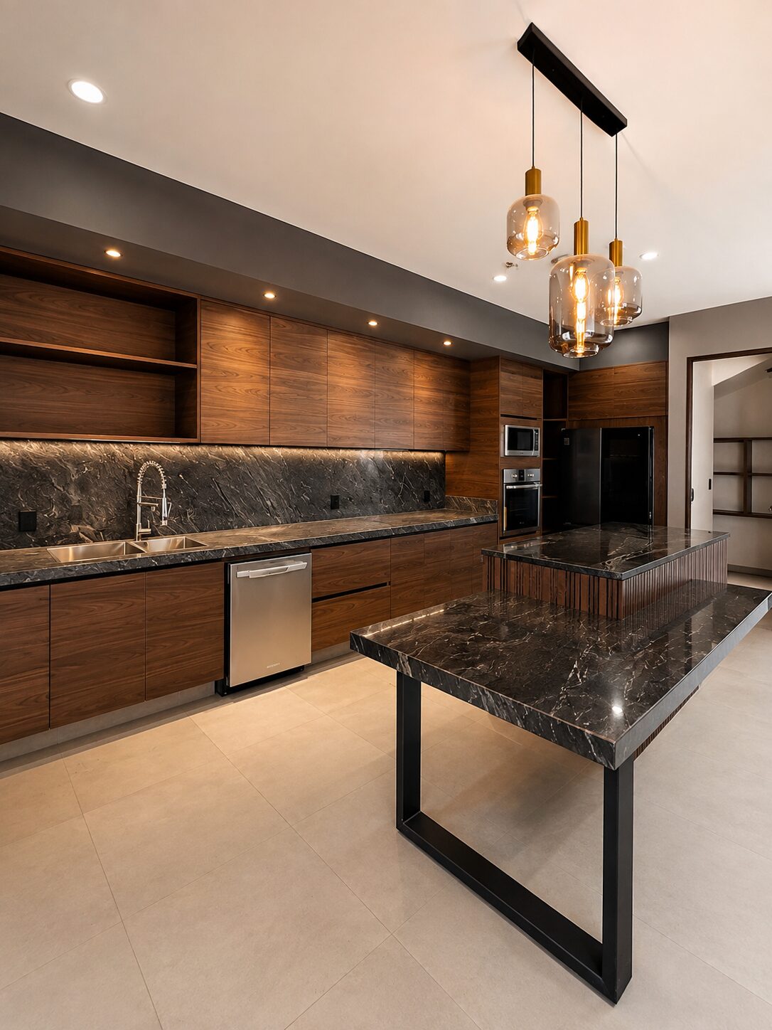 Kitchen with marble island and wood cabinetry · Casa Britania by Mircon Constructora