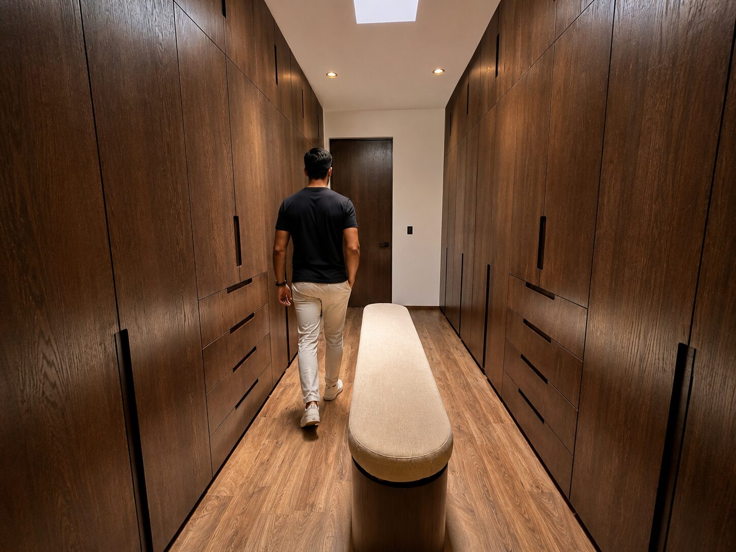 Walk-in closet with floor-to-ceiling wood cabinetry · Casa Britania, Morelia