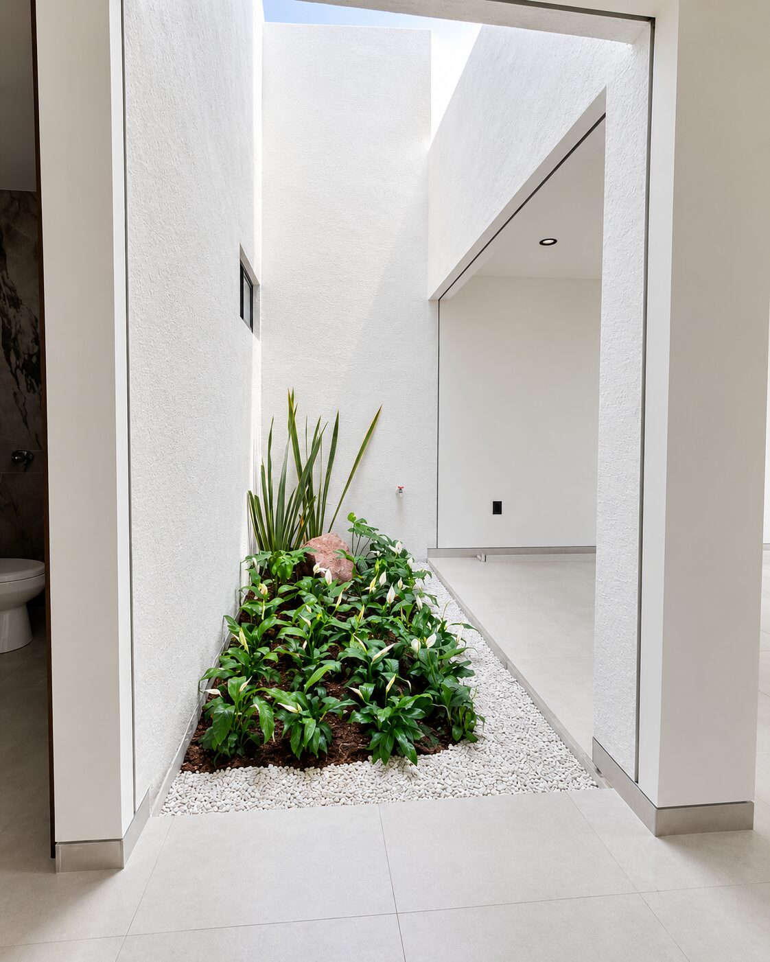 Indoor garden with plants and white gravel · Casa Magna by Mircon Constructora in Morelia