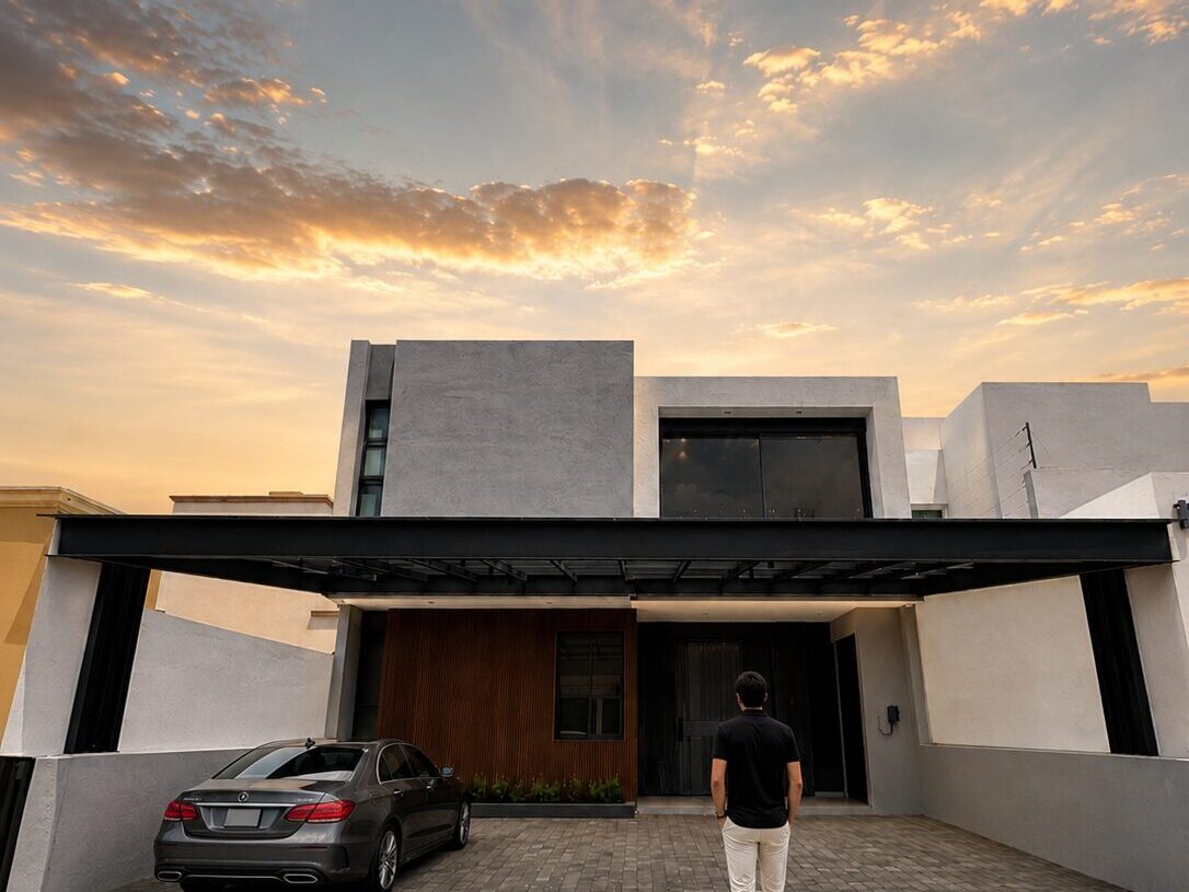 Real façade of Casa Britania at sunset · built by Mircon Constructora in Morelia, Michoacán
